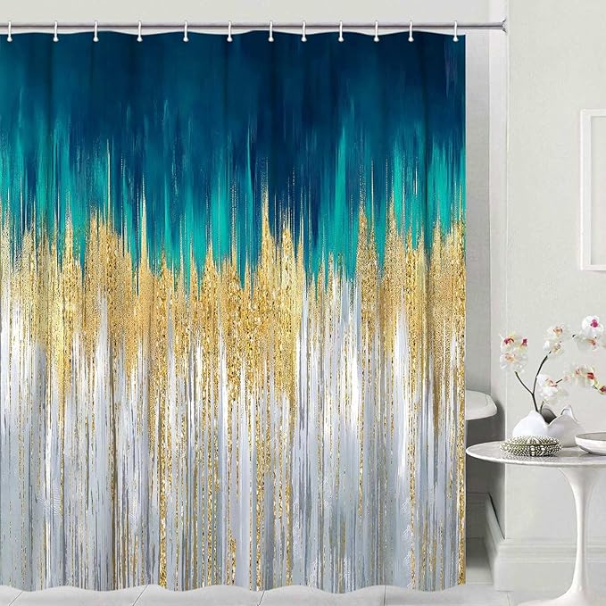 JAWO Abstract Teal Blue Shower Curtain, Lake Blue Boho Ombre Minimalist Chic Art Shower Curtains, Modern Neutral Contemporary Striped Brush Strokes Tan Art Waterproof Bathroom Curtain with 12 Hooks