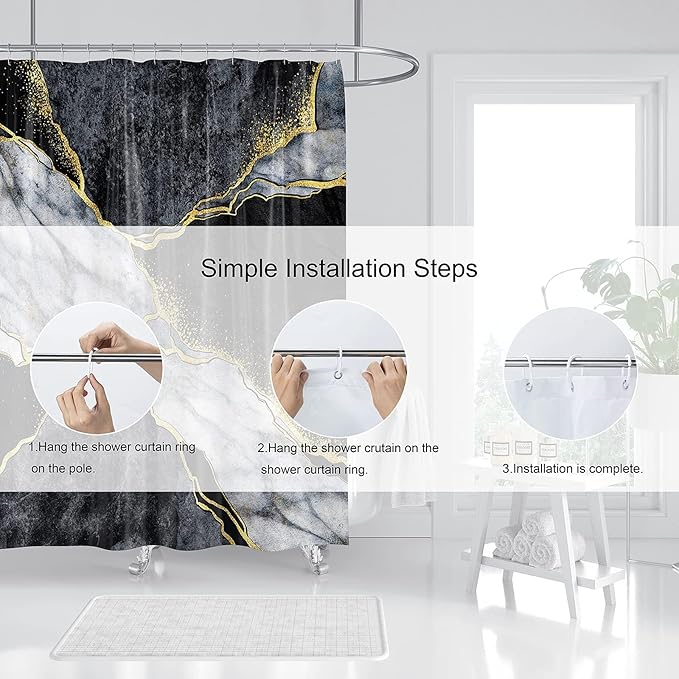 Domoku Black Gold Marble Shower Curtain, Modern Abstract Shower Curtain for Bathroom Decor, Waterproof Washable Fabric, 72 X 84