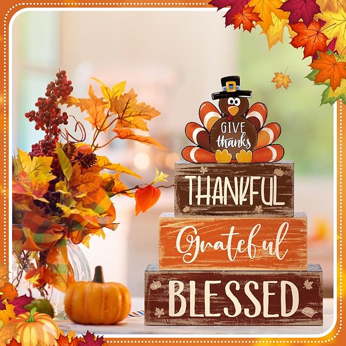 4 Pcs Thanksgiving Decor for Home Funny Turkey Wooden Signs with Hat Thanksgiving Fall Tiered Tray Decor Turkey Tabletop Centerpiece Thankful Block Signs for Office Kitchen Shelf