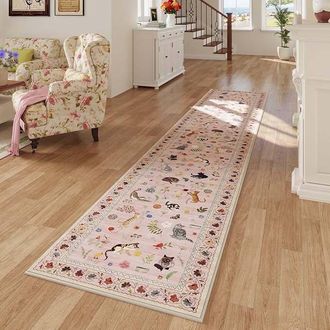 Rugcomf Runners for Kitchen Runner Rug Non Slip 2'x10' Long Washable Rugs with Rubber Backing Soft Floral Animal Cat Carpet Runner for Kitchen Laundry Bedroom Bathroom, Pink