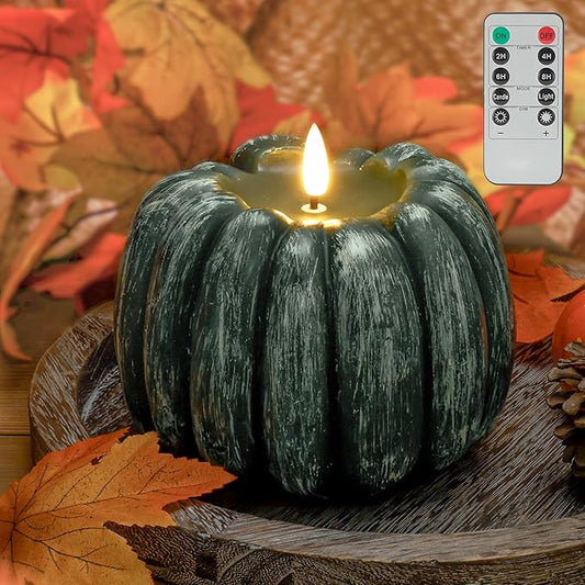 Fall Flameless Led Pumpkin Candles with Remote, Real Wax Pumpkin Shaped Battery Operated Flickering Candles with Timer for Thanksgiving Decor, Fall Home Decor, Halloween Decorations, Green