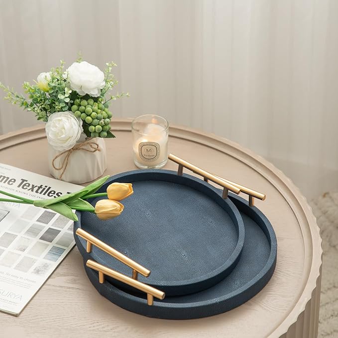 Modern Decorative Serving Tray, Round Shagreen Tray with Gold Polished Metal Handles, Decorative Trays Coffee Table Ottoman Trays for Living Room Bathroom Home Decor, Set of 2 (Blue)