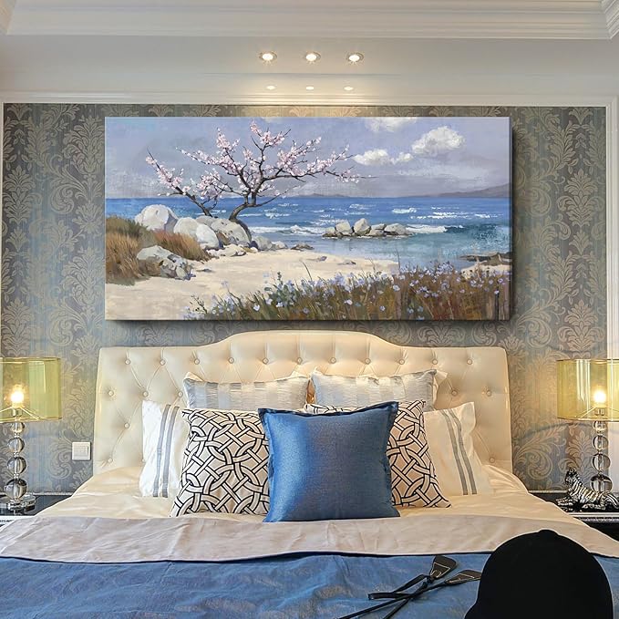 amatop Extra Large Coastal Canvas Wall Art for Living Room Abstract Blue Ocean Beach Seascape Picture Pink Flower Tree of Life Print Wildflower Botanical Nature Artwork Bedroom Office Decor 58x29 In