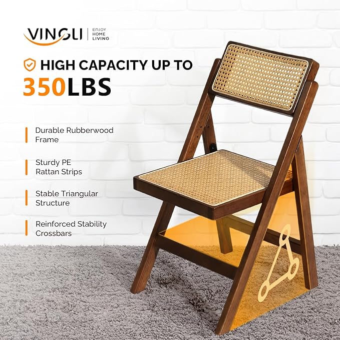 VINGLI 4 Pack Rattan Dining Chair, Wood Folding Chair with 360° Swivel Backrest, Rubberwood Frame and Rattan Woven Seat and Back, Walnut, Set of 4