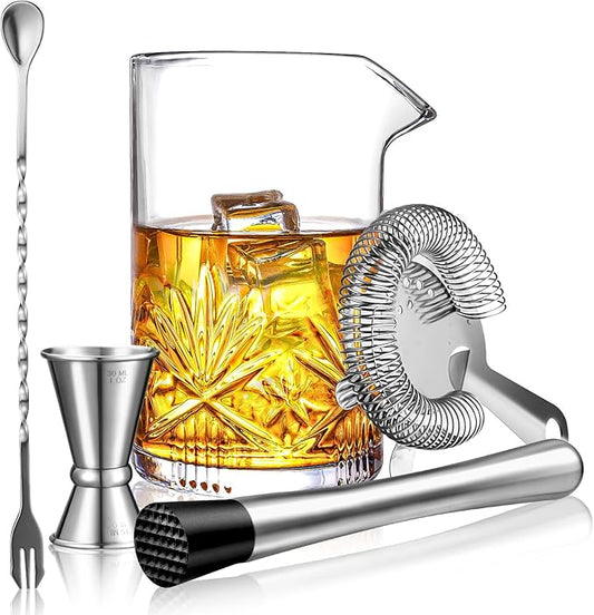 Cocktail Mixing Glass, veecom 18oz Crystal Bartender Kit, 5 Piece Bar Mixing Glass Old Fashioned Cocktail Kit with Strainer, Muddler, Spoon, Jigger, Cocktail Mixer