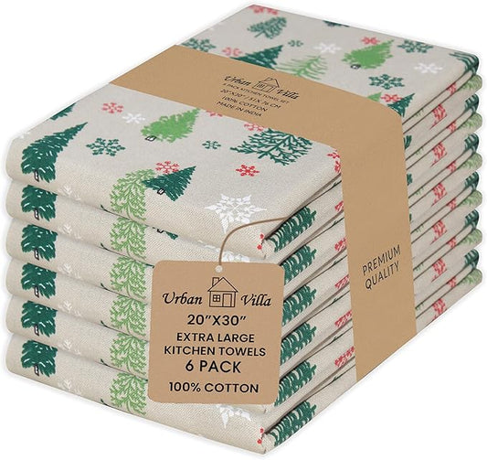 Urban Villa Kitchen Towels Christmas Green Trees Print Premium Quality,100% Cotton Dish Towels Mitered Corners Ultra Soft (Size: 20X30 Inch) Highly Absorbent Bar Towels & Tea Towels - (Set of 6)