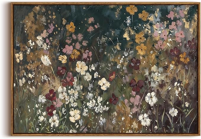 KISSFOX Vintage Floral Framed Wall Art Moody Wildflower Field Canvas Wall Art Neutral Farmhouse Serene Countryside Paintings Artwork Rustic Art Prints For Bedroom Living Room