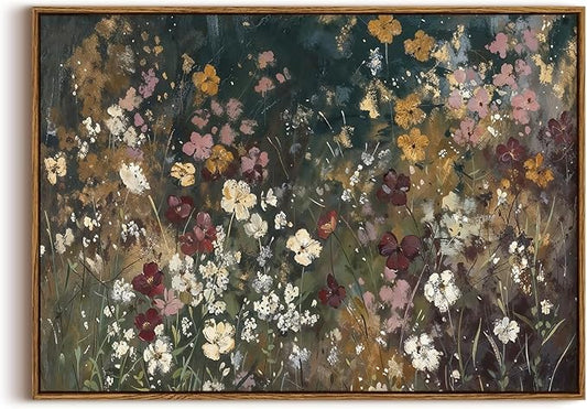 KISSFOX Vintage Floral Framed Wall Art Moody Wildflower Field Canvas Wall Art Neutral Farmhouse Serene Countryside Paintings Artwork Rustic Art Prints For Bedroom Living Room