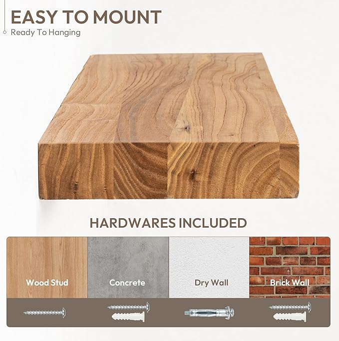 Marsmiles 72 inch Floating Shelves for Wall Solid Elm Wood Wall Mounted Shelves|Rustic Long Floating Shelves with Invisible Bracket for Bathroom Living Room Kitchen|Natural, 1 Pack