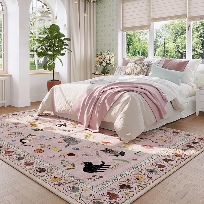 Rugcomf Living Room Rug 5x7 Rug Machine Washable Boho Area Rug Non Slip Floral Animal Cat Vintage Low Pile Large Rugs for Living Room Bedroom Farmhouse Dining Room Kids Playroom, Pink
