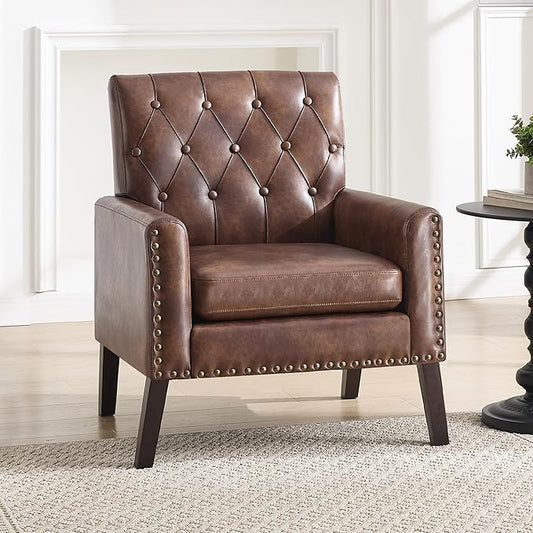 Mid Century Modern Accent Chair, Dark Brown Faux Leather Office Chair for Reception - Brown Leather Club Chair for Living Room, Bedroom, or Waiting Room