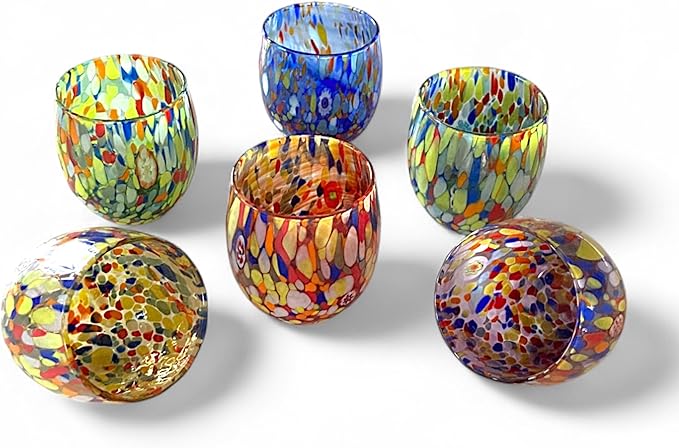 MAZZEGA ART & DESIGN - Set of 6 Handcrafted Blown Glass Water Glasses with Refined and Original Murano Murrine - The Colors of Murano - 'Classic 9,8 oz' Model. Made in Italy (1, 6 Color Mix)