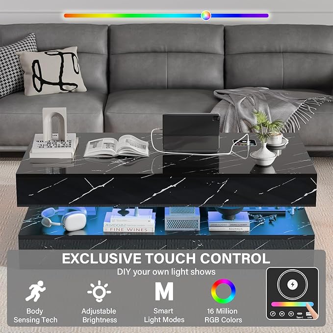 LED Coffee Table, 47.2" Coffee Tables with Storage Drawers, Smart Living Room Table with Wireless Charging & Bluetooth Speaker,Modern Center Tables for Living Room, Black Marble