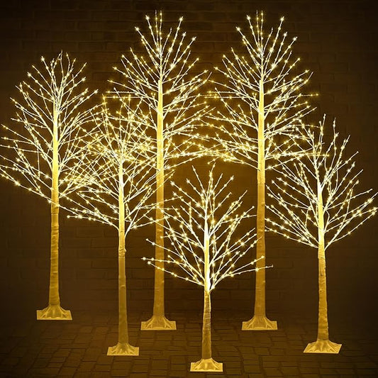 Baquler 6 Pack Lighted Birch Tree - Artificial LED Warm-White Light Birch Tree Decoration for Christmas Holiday Party Wedding Festival Decor, Indoor & Outdoor (4 5 6 7 8 ft)