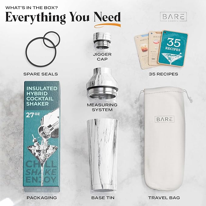 Insulated Cocktail Shaker Set | Double Wall Stainless Steel | Martini Shaker for Home Bar Bartending | Built-in Drink Measurement System & Strainer, Travel Bag, 35 Recipes | Gift Set (Marble)