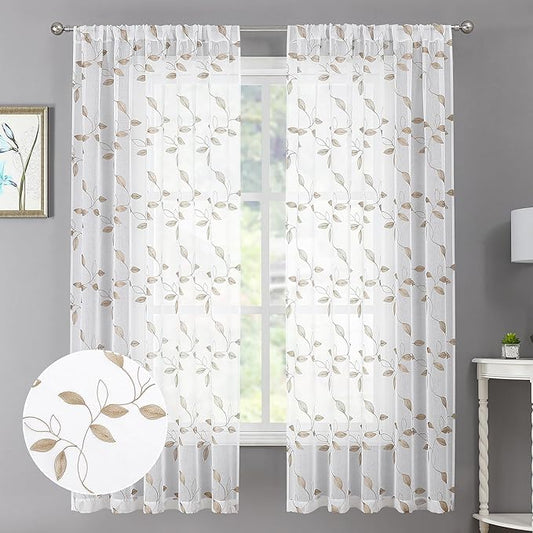 Tollpiz Taupe Leaf Sheer Curtains Leaves Embroidered Living Room Short Curtain Rod Pocket Voile Window Treatments for Bedroom, 54 x 45 inches Long, Set of 2 Panels