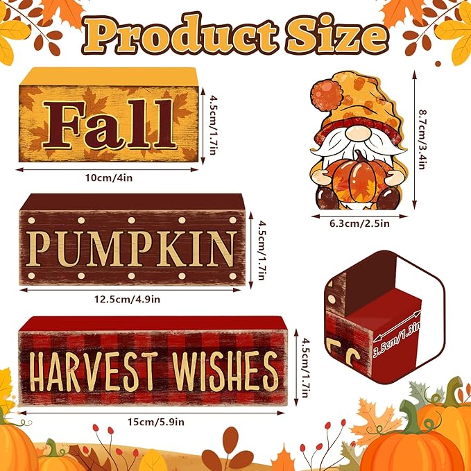 4 Pcs Fall Decorations for Home Thanksgiving Gnome Tiered Tray Decor, Fall Table Decor Farmhouse Rustic Wooden Gnome Pumpkin Block Sign Autumn Tabletop Centerpieces for Home Kitchen Indoor