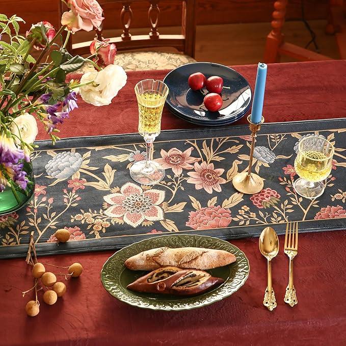 patdrea Designer Vintage Black Floral Extra Long Velvet Table Runner 118 Inch Long,Pink Khaki Bouquets Pattern Table Mat,Decor for Kitchen Dining Coffee Table Cabinet Banquet Thanksgiving,12"*118"