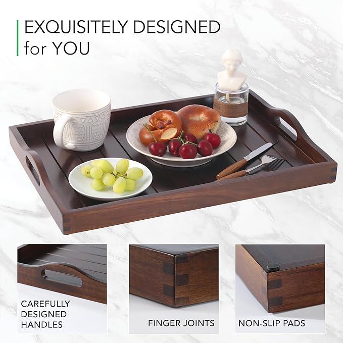Large Acacia Wooden Serving Tray with Handles 20 x 14 inch Decorative Coffee Table Ottoman Tray for Living Room Extra Large for Kitchen Dinner Food Bar Breakfast in Bed (Color Brown)
