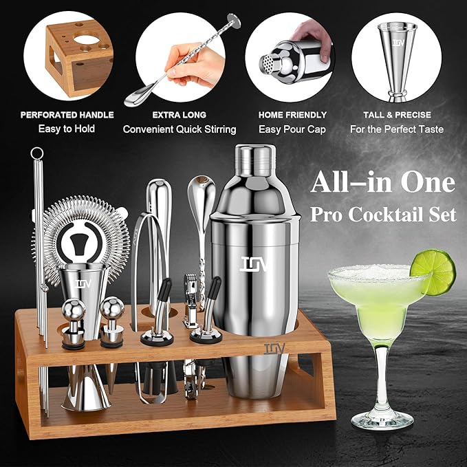 IOV Cocktail Shaker Set Bartender Kit with Stand | Bar Set Drink Mixer Set Includes Martini Shaker, Jigger, Strainer, Mixing Spoon, Muddler, Recipe Book | Home Bar Accessories Gift Set (Silver)