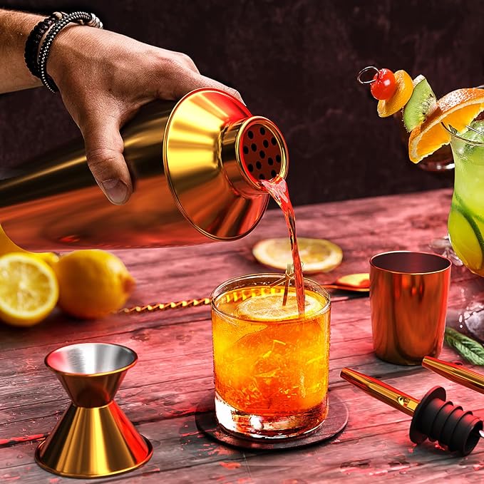 Bar Set Cocktail Shaker Set Bartender Kit, 8 Piece Gold Cocktail Set, Mixology Bartender Kit, Steel Drink Shakers Cocktail Kit, Bar Accessories: 24oz Martini Shaker, Muddler, Cocktail Book and More