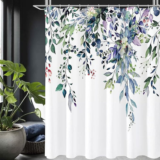 Gibelle Spring Floral Shower Curtain for Bathroom, Watercolor Green Eucalyptus Leaves Plant Shower Curtain Set with Hooks, Washable Polyester Fabric 72x72 Inch