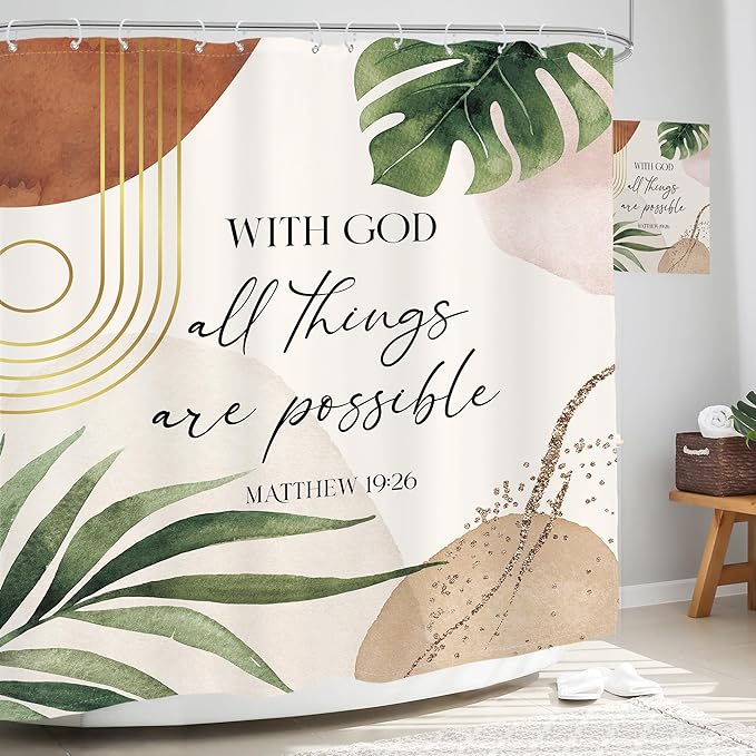 Glawry Boho Bible Verse Shower Curtain Extra Long Inspirational Abstract Scriptures Quotes Palm Leaf Bathroom Mid Century Christian 72Wx78L Inches Bath Accessories Art Home Decor Fabric 12 Pack Hook