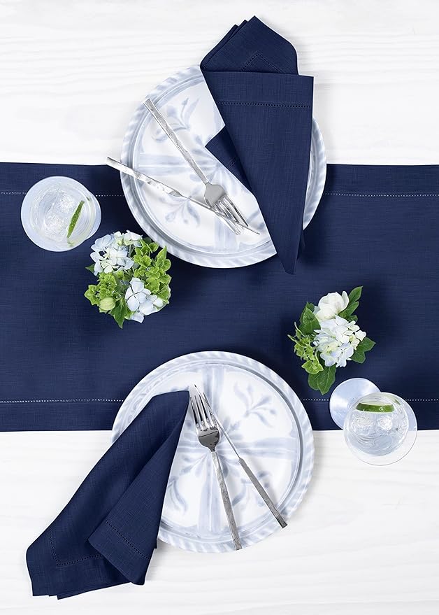 Solino Home Linen Navy Blue Table Runner 60 Inches - Classic Hemstitch, 100% Pure Linen Coffee Table Runner 14 x 60 Inch Ideal for Dresser Tables - Fall, Autumn, Halloween, Thanksgiving, Christmas
