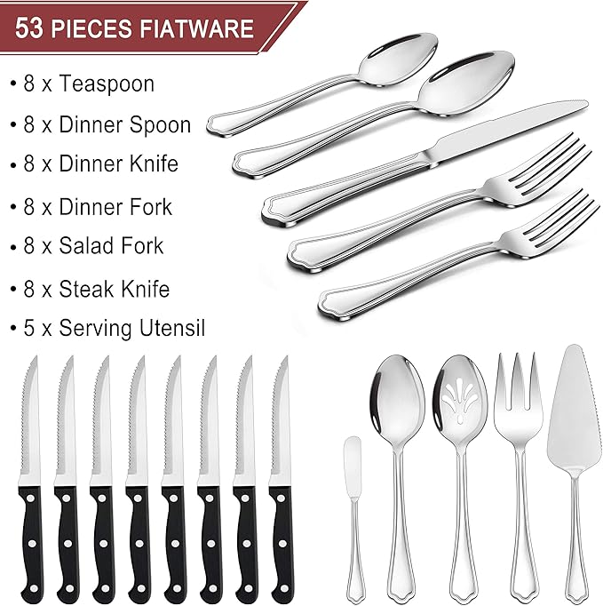 LIANYU 53-Piece Silverware Flatware Set for 8, Plus Steak Knives and Serving Utensils, Stainless Steel Flatware Cutlery Set, Eating Utensils Tableware with Scalloped Edge, Dishwasher Safe