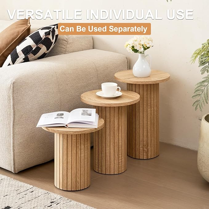 3-Piece Nesting Coffee Table Set, Modern Small Round Wood Side Tables, Fluted Drum Base, for Living Room Bedroom Apartment Small Space, Natual