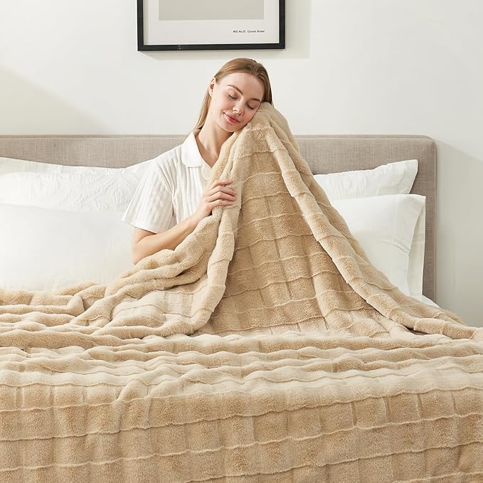 Cozy Bliss Fluffy Faux Fur Throw Blanket for Couch,Warm Cozy Soft Beige Throw Blankets for Sofa Bed Living Room,60x80 Inches