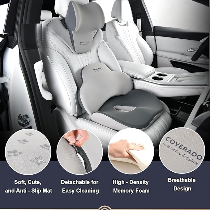 Coverado Car Seat Cushion and Lumbar Support with Headrest Pillow Memory Foam Ergonomic Back Support Driving Seat Cushion Neck Head Pillow, Back Pain Relief, Cushion for Car Driver Office