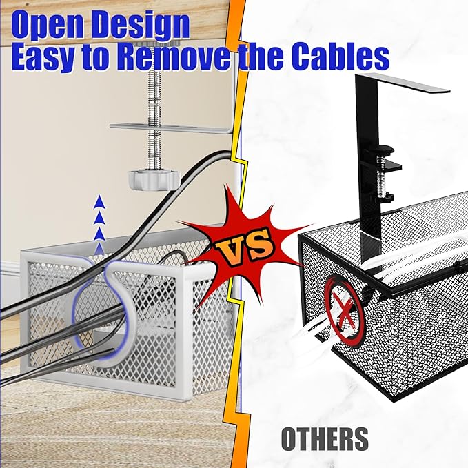 Under Desk Cable Management Tray, Metal Long Arms(3.9in), No Drill Mesh Wire Management Tray Cable Box for Office, Desk Wire Organizer with Clamp Mount, 1 Pack, White