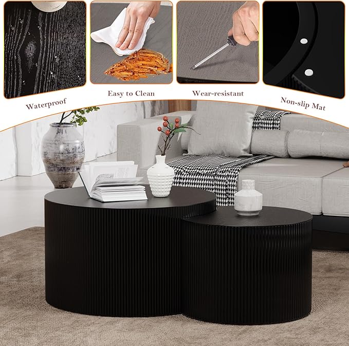 Nesting Coffee Table with Non-Slip Mat Vertical Stripe Design Round Fluted Side Table Set of 2 - No Assembly Required for Living Room Bedroom Balcony Yard (I-27.6+19.7in)