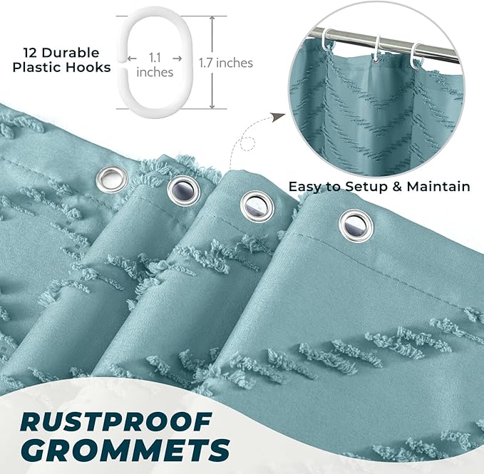 78inches Long Teal Shower Curtain Boho Farmhouse Shower Curtain 72 x 78 Tufted Chevron Textured Minimalist Shower Curtains for Bathroom