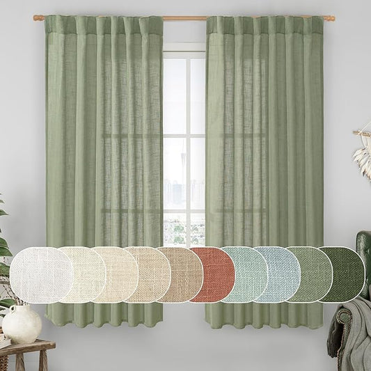 LAMIT Sage Green Linen Curtains 63 Inch for Bedroom, Light Filtering Neutral Semi Sheer Window Curtains Back Tab and Rod Pocket Christmas Panels, 2 Panels, 52 x 63 Inch