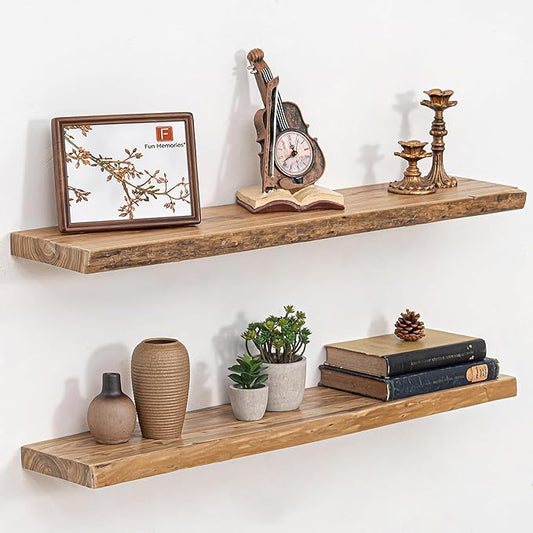 Fun Memories Floating Shelves for Wall Decor, Rustic Solid Elm Wood Live Edge Floating Shelves Wall Mounted, Heavy-Duty Shelf with Invisible Bracket for Living Room Kitchen, 36 Inch Set of 2, Natural