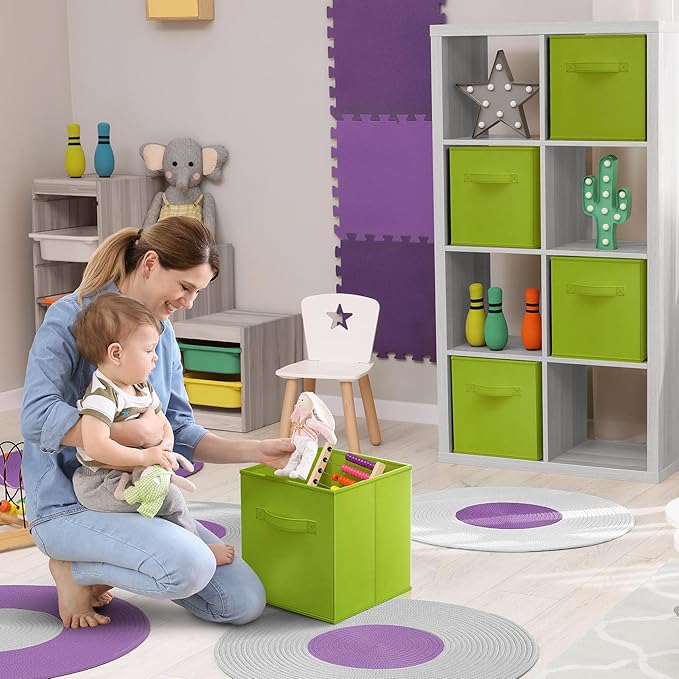 Sorbus Foldable Storage Cubes - 6 Fabric Baskets for Organizing Pantry, Closet, Shelf, Nursery, Playroom, Toy Box, Cubby - 11 Inch Dual Handle Collapsible Closet Organizers and Storage Bins (Green)