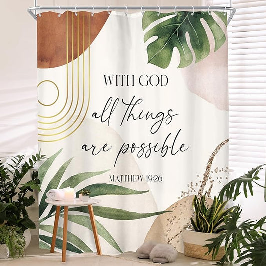 Glawry Boho Bible Verse Shower Curtain Extra Long Inspirational Scriptures Quotes Abstract Palm Leaf Bathroom Mid Century Christian 72Wx84L Inches Bath Accessories Art Home Decor Fabric 12 Pack Hook