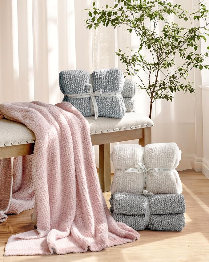 Super Soft Throw Blanket 60 x 80 Inches, Half-Side Plush Fuzzy Blanket for Couch, Sofa, Bed & Chair, Warm Cozy Lightweight Knit Blanket for Fall & Winter, Pink