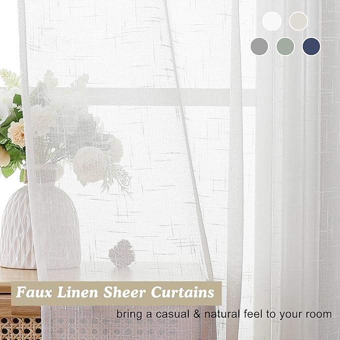 Aiyufeng Kirei Elegant Extra Long Linen Look Sheer Curtains 96 Inches Long 2 Pieces, Farmouse Semi Sheers Linen Curtains/Window Treatments Panels/Drapes (Set of 2, 40 by 96 Inch, Pure White)