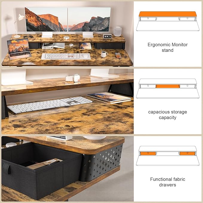 48 x 24 Inch Standing Desk with 2 Drawers, Easily Assembled Height Adjustable Desk, Ergonomic Sit to Stand Electric Desk for Home Office Workstation, Rustic Brown