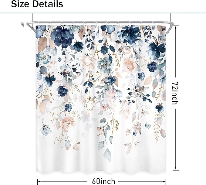 Blue Pink Floral Shower Curtain 60Wx72L Inch Flower Watercolor Wildflower Blossom Rustic Eucalyptus Leaves Plant Spring Bathroom Set Girl Botanical Bath Curtain Bathtub Accessories Home Decor