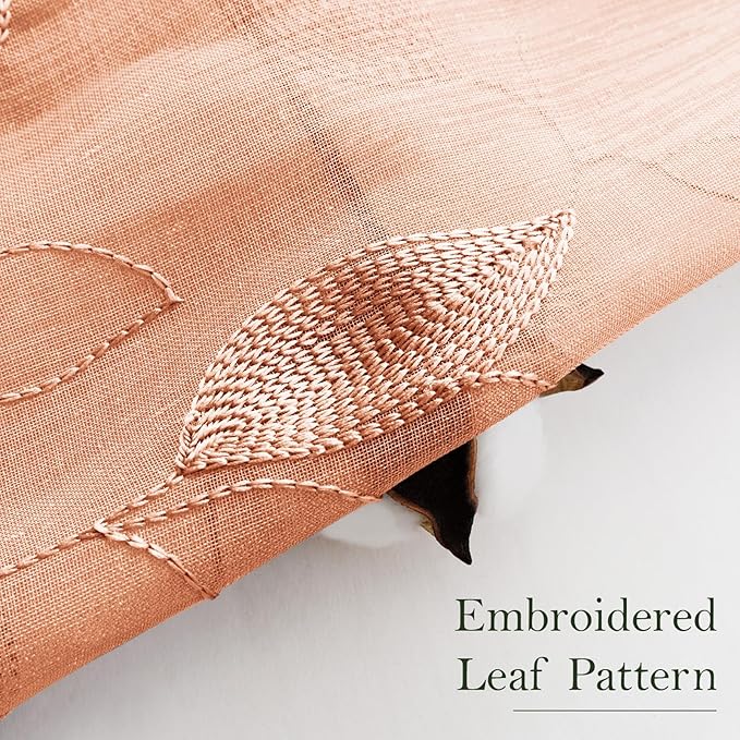 HOMEIDEAS Fall Burnt Orange Sheer Kitchen Curtains 30 X 36 Inch Length 2 Panels Embroidered Leaf Pattern Short Curtains for Small Window Valance Tiers