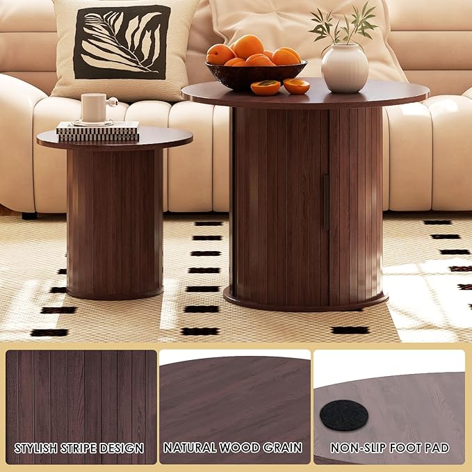 Nesting Coffee Table Set of 2 with Hidden Storage & Sliding Door, Circle Wood Coffee Table, Farmhouse Side & End Table Sets for Living Room, Small Spaces, Walnut