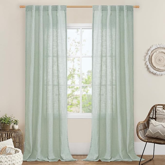 LAMIT Light Sage Linen Curtains 84 inch Length 2 Panels, Light Filtering Semi Sheer Panels Back Tab and Rod Pocket Neutral Drapes for Bedroom/Living Room, 34 x 84 Inch