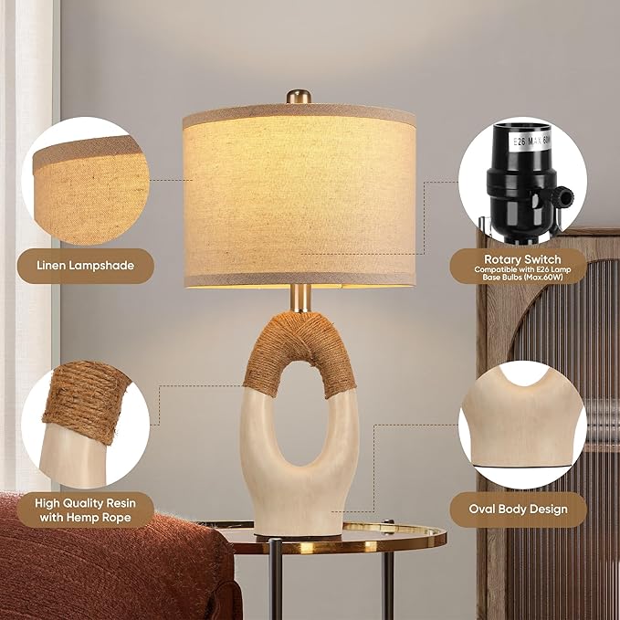 Set of 2 Boho Rattan Table Lamps,21" Farmhouse Rustic Lamps for Bedroom Night Stands,Washed White Resin Bedside Lamps with Linen Shades for Living Room Coastal Beach Decor(Bulbs Not Included)