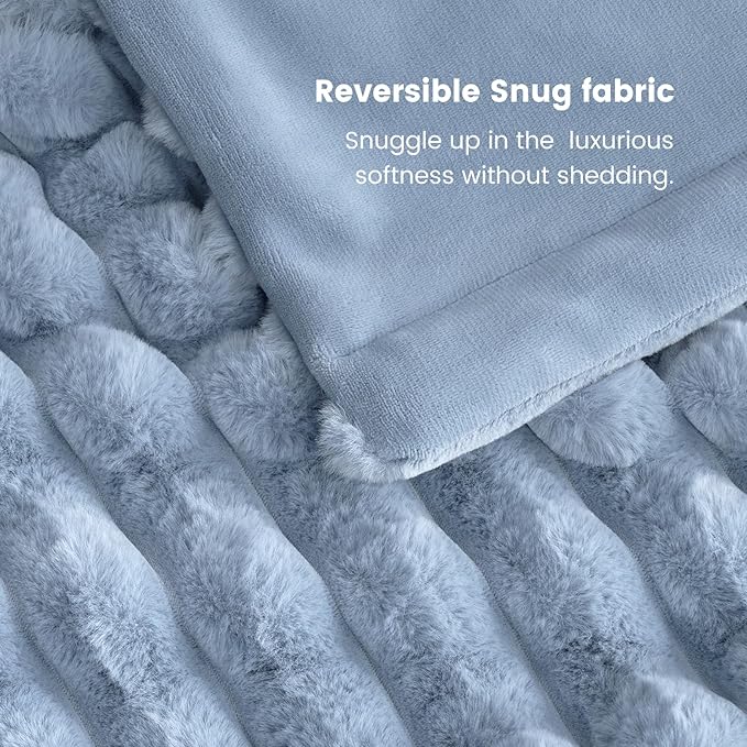 Cozy Bliss Faux Fur Throw Blanket for Couch, Cozy Warm Plush Striped Blanket for Sofa Bedroom Living Room, 90 * 90 Inches Light Blue