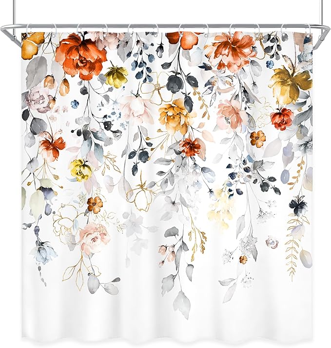 Floral Shower Curtain 72Wx72L Inch Flower Rustic Wildflower Blossom Watercolor Plant Botanical Spring Grey Fall Autumn Eucalyptus Leaf Bathroom Set Bath Curtain Bathtub Accessories Home Decor
