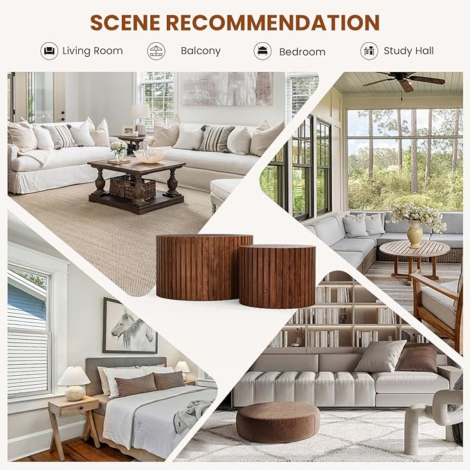 Nesting Coffee Tables Set of 2 Wooden Round Coffee Table Circle Nesting Table Space-Saving Design Modern Coffee Table Round Accent Tables Set for Living Room Bedroom Office (Brown B D27.5+D19.7“)